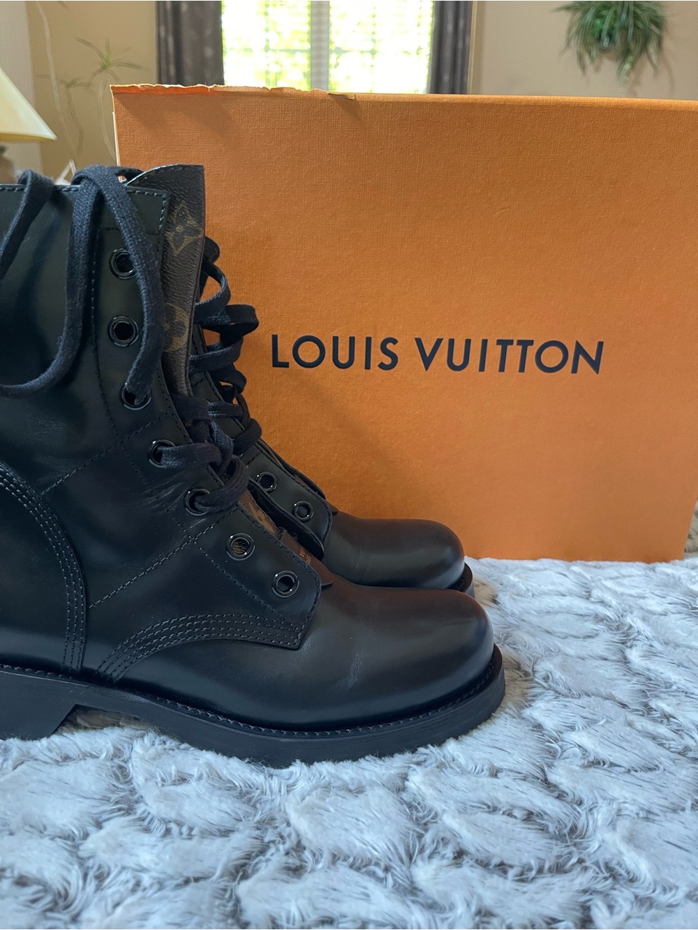 Louis Vuitton Black Leather Lace-Up Boots with Monogram Tongue